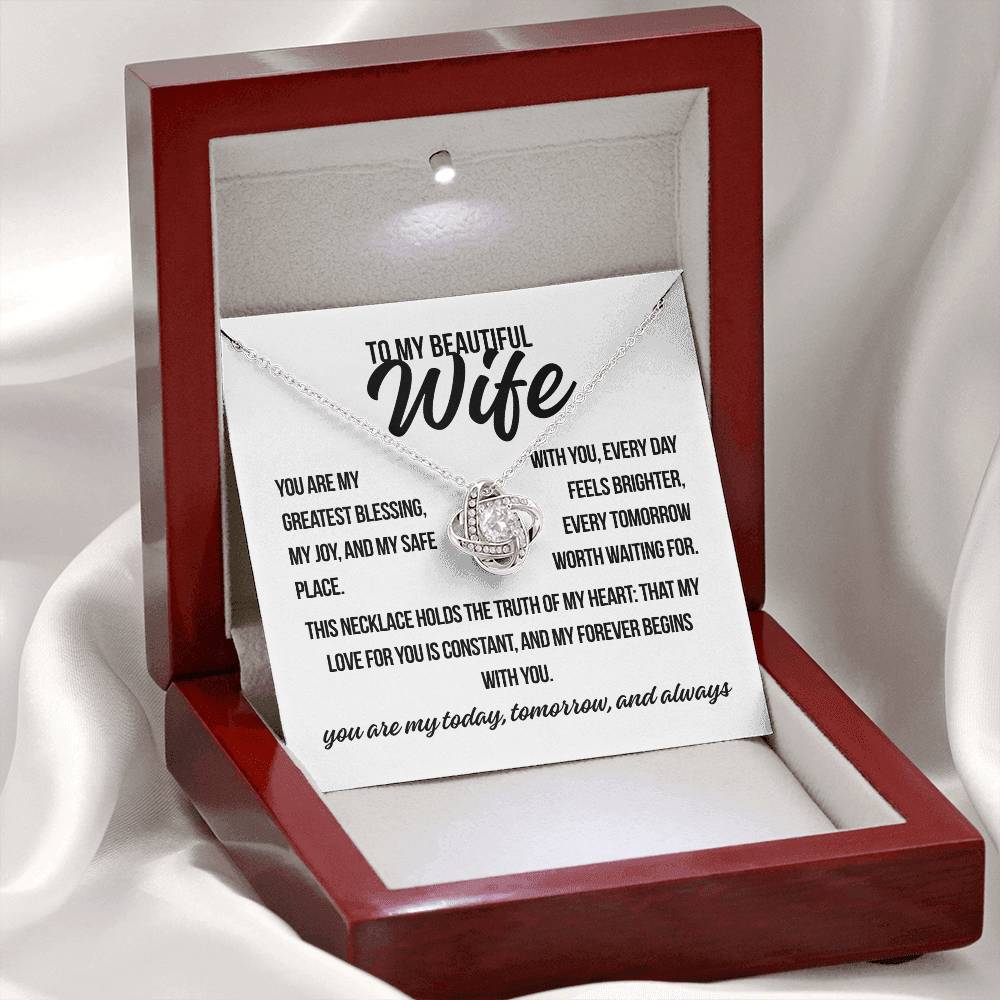 To My Beautiful Wife. "You Are My Greatest.." Love Knot Necklace