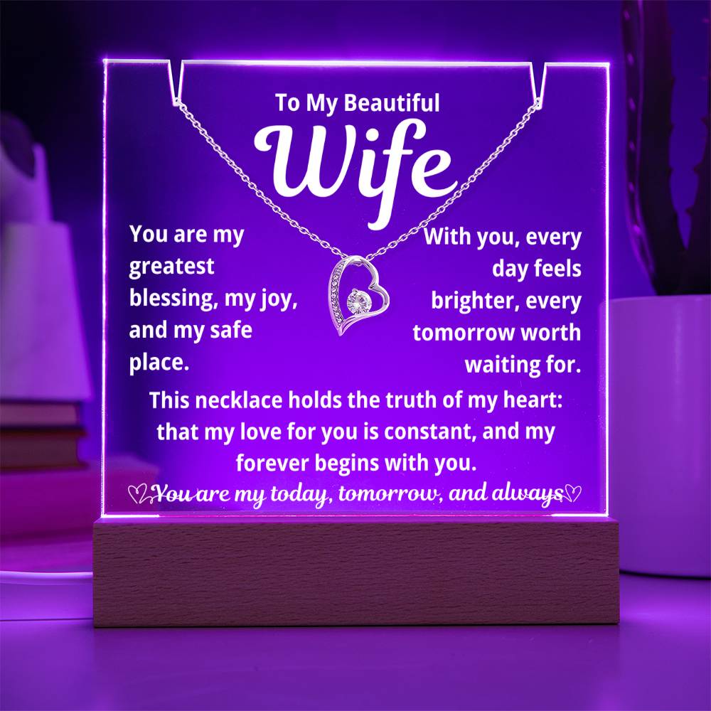 To My Beautiful Wife "You Are My Greatest Blessing.." Lighted Acrylic Keepsake with Forever Love Necklace