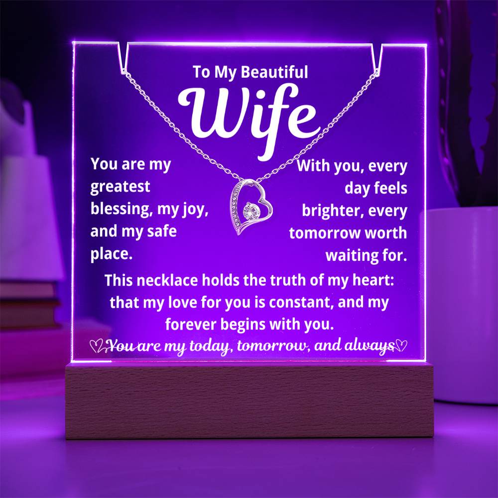 To My Beautiful Wife "You Are My Greatest Blessing.." Lighted Acrylic Keepsake with Forever Love Necklace