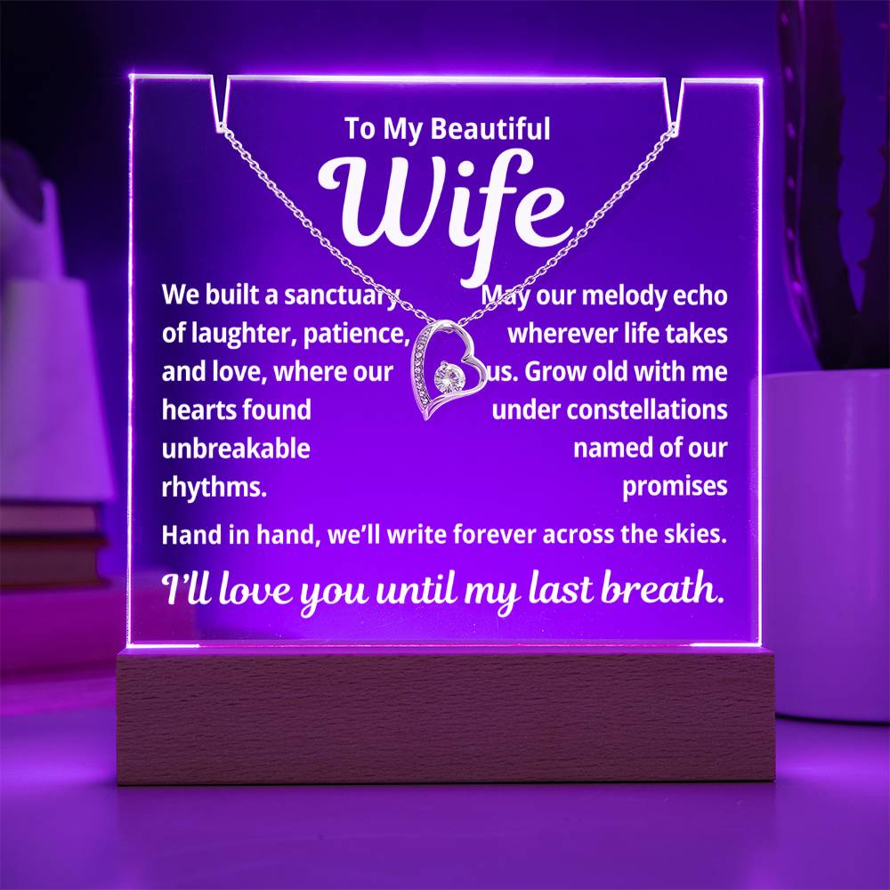 To My Beautiful Wife "We Built a Sanctuary.." Lighted Acrylic Keepsake with Forever Love Necklace