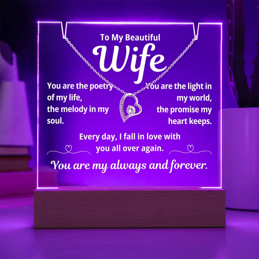 To My Beautiful Wife "You Are The Poetry of My Life.." Lighted Acrylic Keepsake with Forever Love Necklace