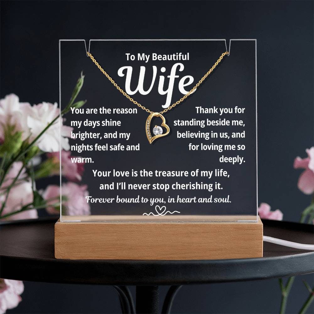 To My Beautiful Wife "You Are The Reason.." Lighted Acrylic Keepsake with Forever Love Necklace