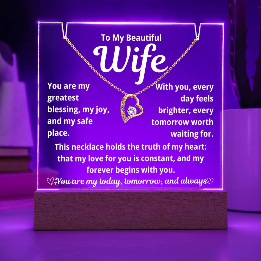 To My Beautiful Wife "You Are My Greatest Blessing.." Lighted Acrylic Keepsake with Forever Love Necklace