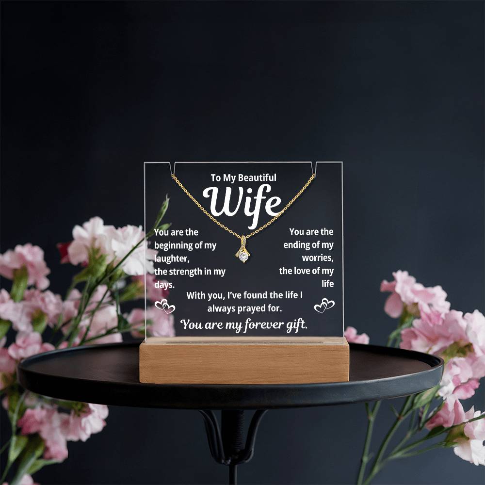 To My Beautiful Wife "You Are The Beginning.." Lighted Acrylic Keepsake with Alurring Beauty Necklace