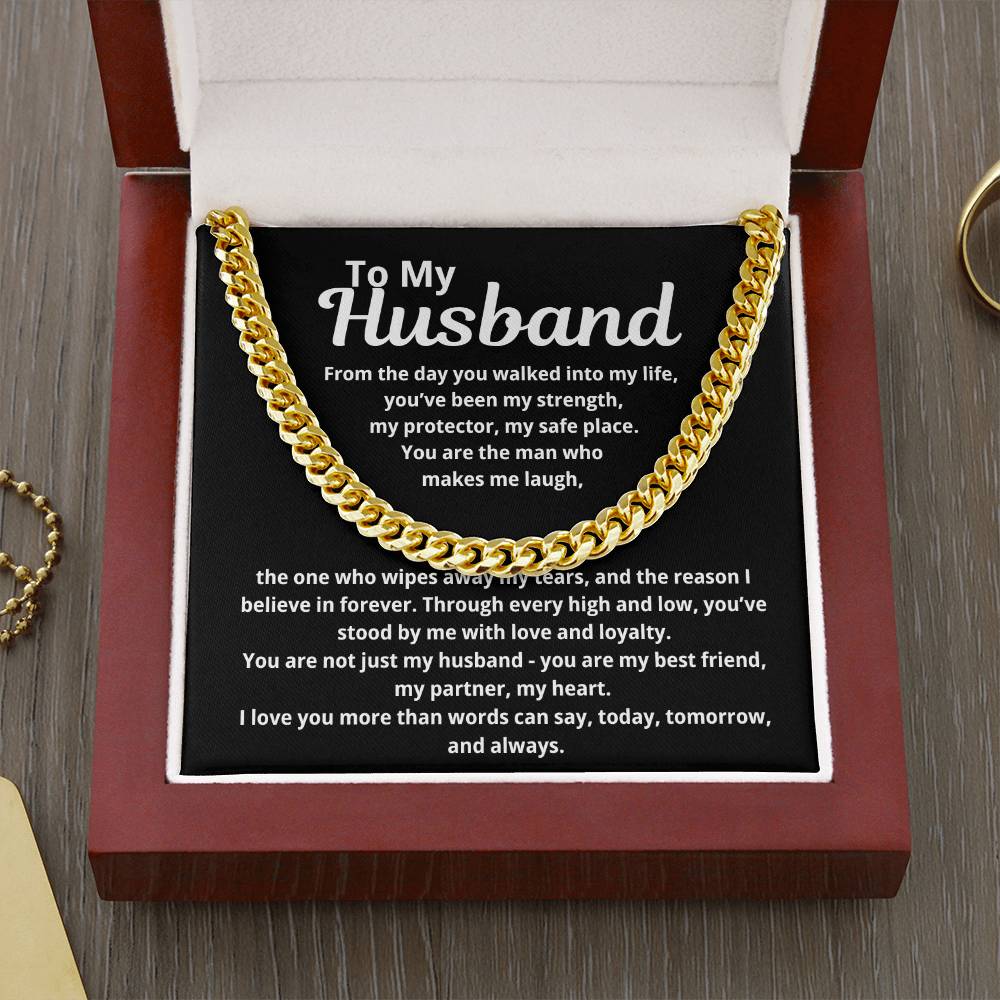 Gold Cuban Link Chain Necklace for husband presented in mahogany style gift box with message card