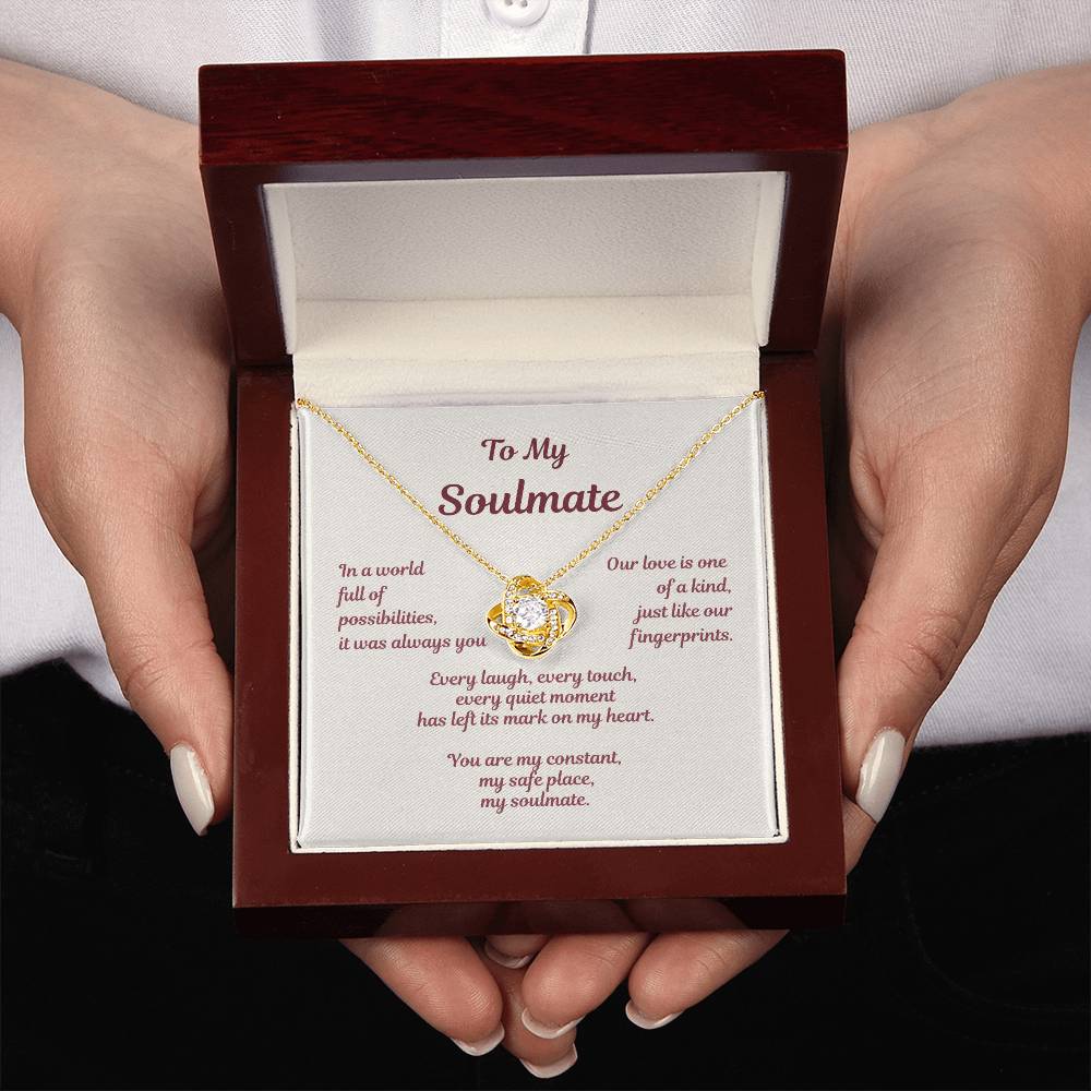 Love knot necklace presented in gift box with soulmate message card about destiny and lasting love.