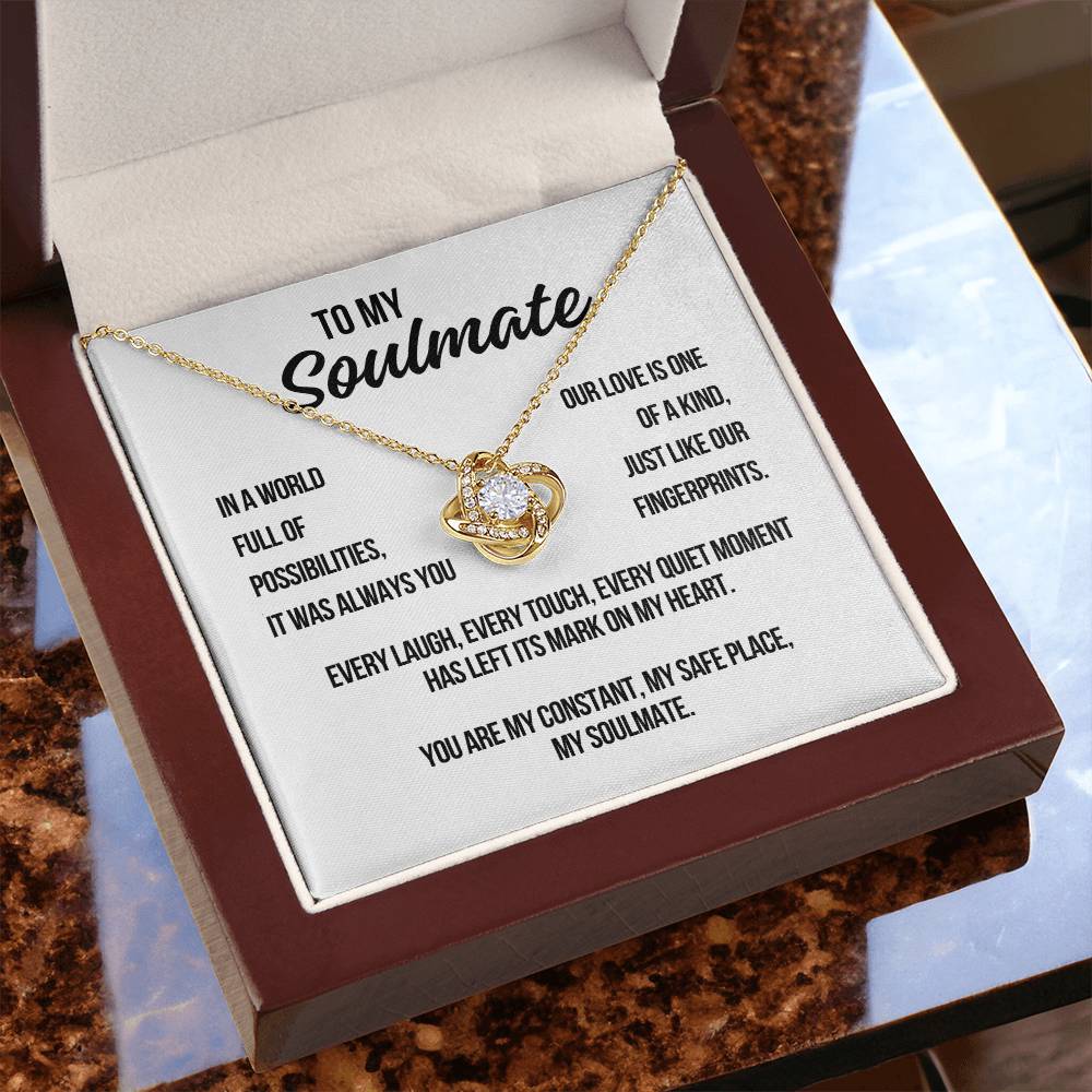 Yellow gold Love Knot Necklace displayed with To My Soulmate message card in gift box