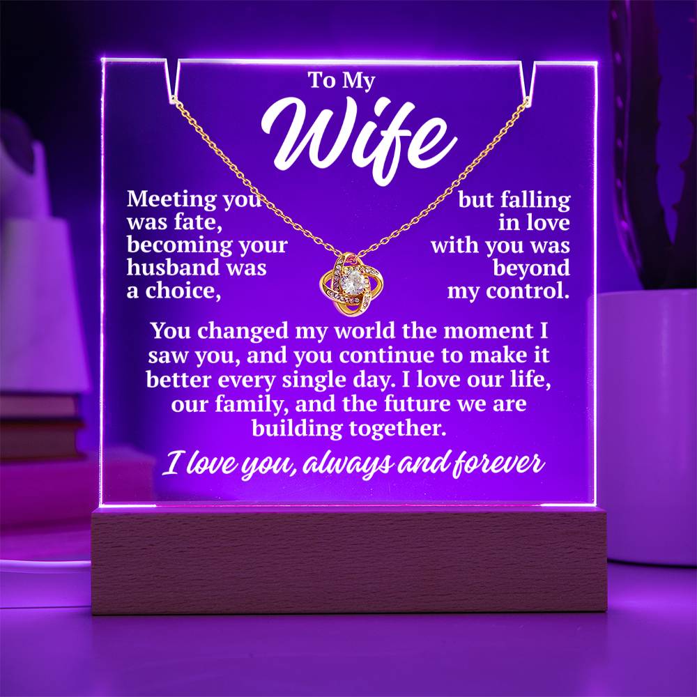 to my wife purple acrylic plaque led light with yellow gold love knot necklace romantic gift
