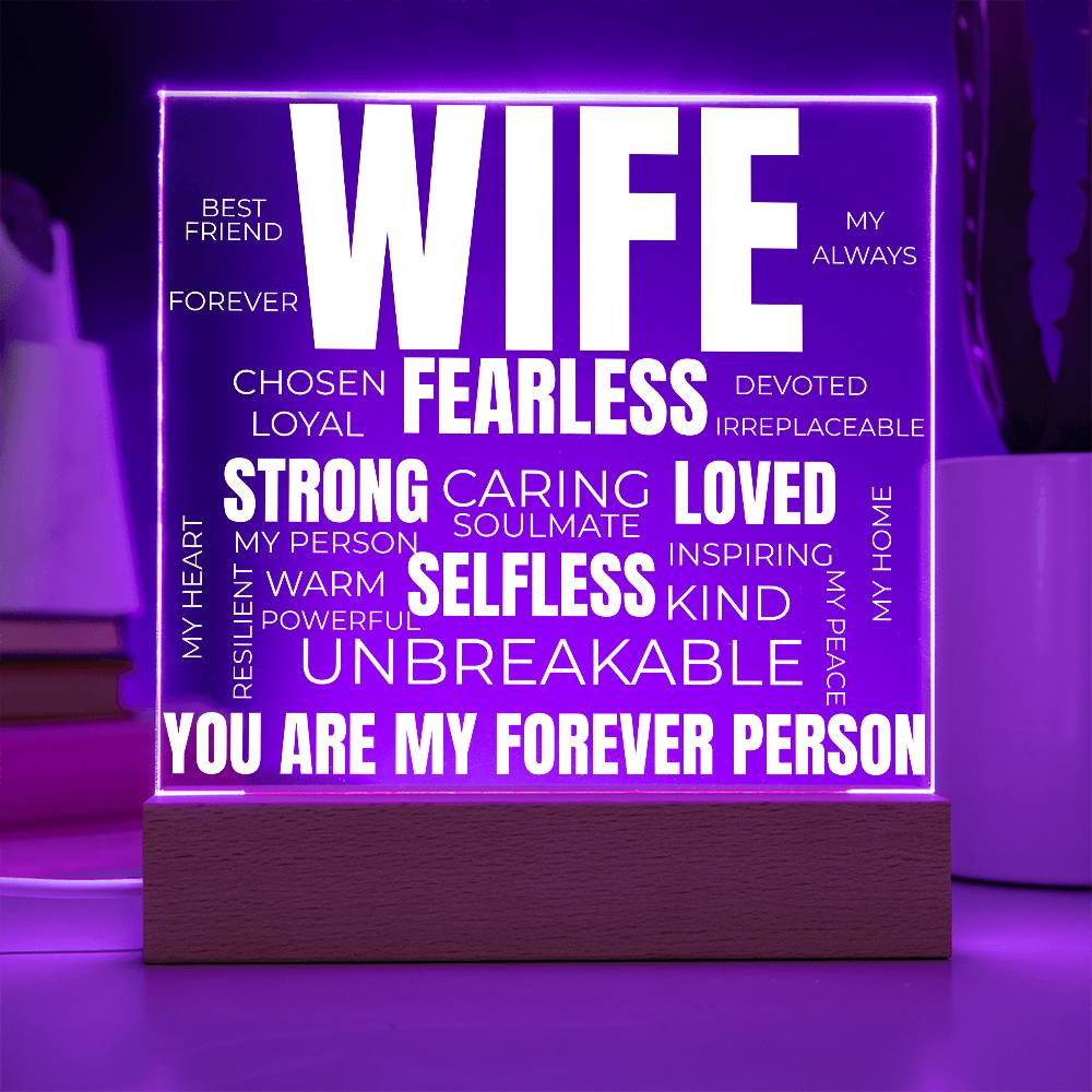 to my wife acrylic plaque with purple led light featuring words like fearless strong loved unbreakable and the message you are my forever person