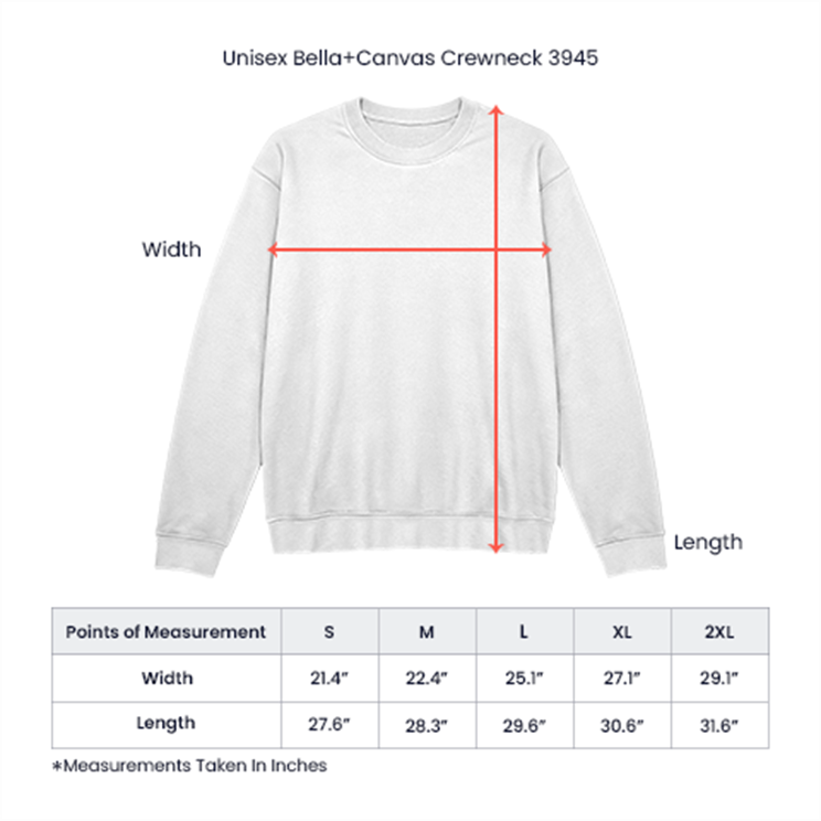 Unisex crewneck sweatshirt size chart showing width length and sleeve measurements