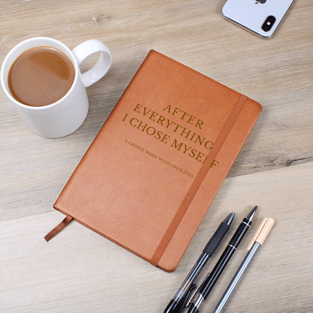 Brown vegan leather journal titled “After Everything I Chose Myself,” designed for healing, boundaries, and personal growth