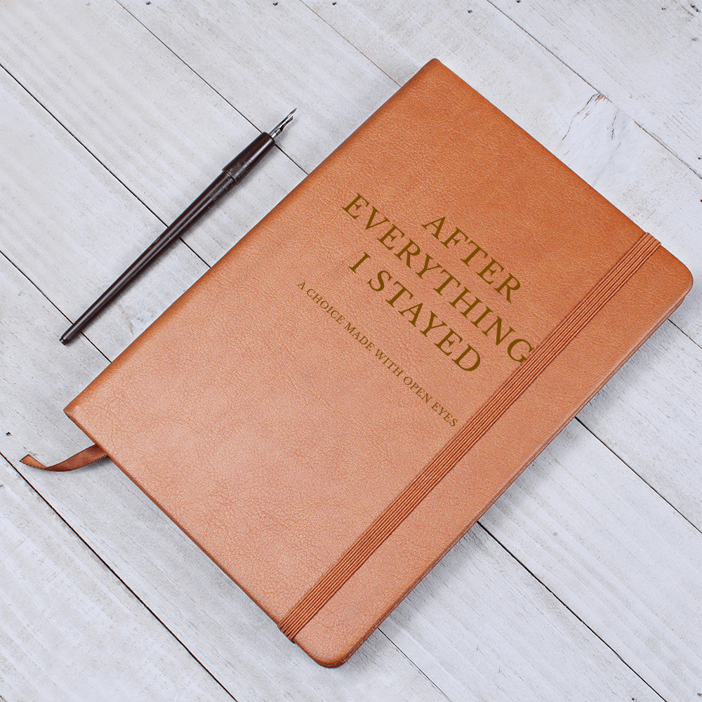 Minimalist brown leather healing journal “After Everything I Stayed” photographed at an angle