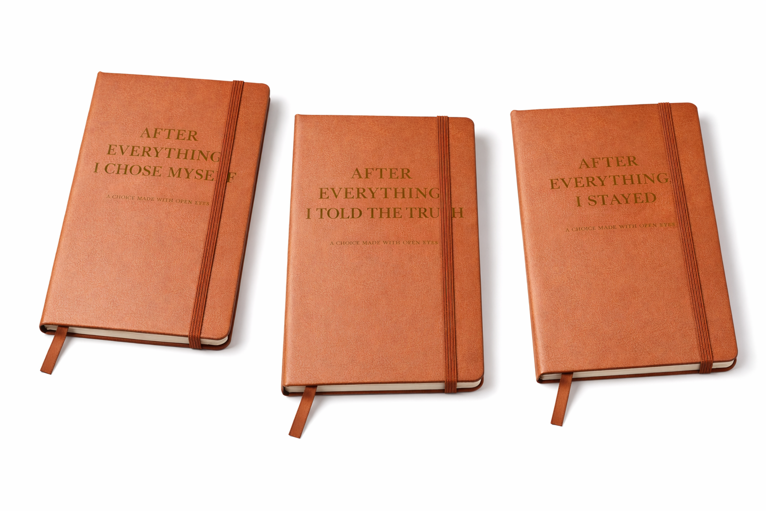 The After Everything journal set featuring three brown vegan leather journals titled I Chose Myself, I Told the Truth, and I Stayed