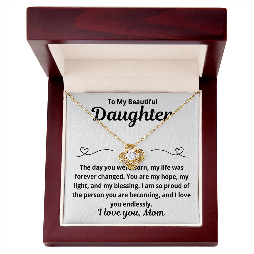 To Daughter from Mom "The Day You Were Born.." Love Knot Necklace