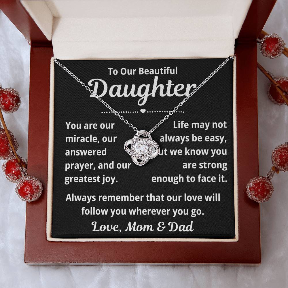 To Daughter from Parents "You Are Our Miracle.." Love Knot Necklace