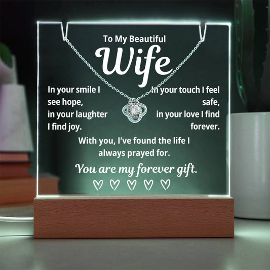 To My Beautiful Wife "In Your Smile I See Hope.." Lighted Acrylic Keepsake with Love Knot Necklace