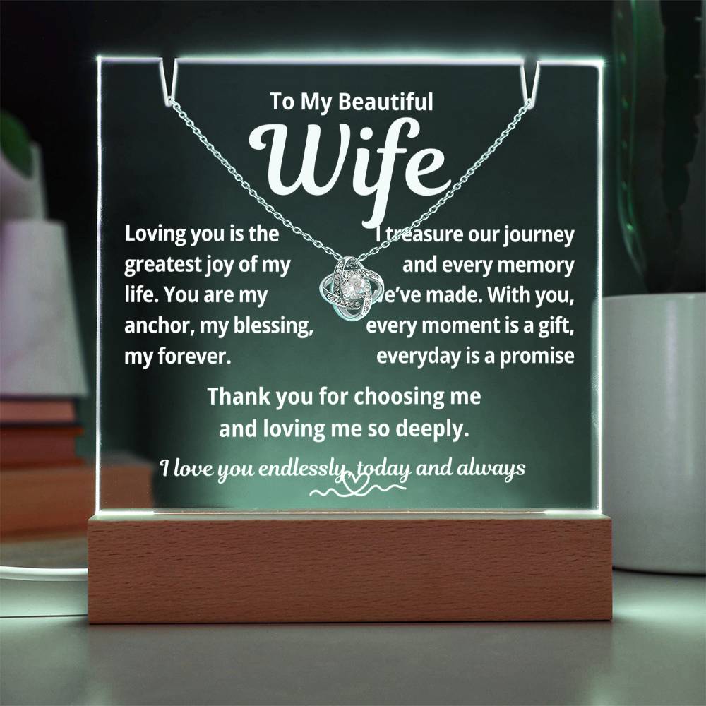 To My Beautiful Wife "Loving You is the Greatest Joy.." Lighted Acrylic Keepsake with Love Knot Necklace