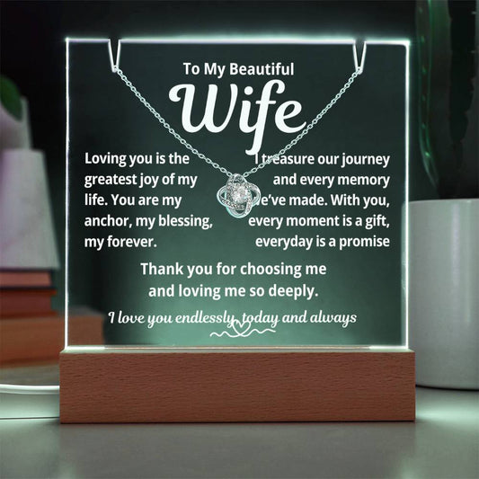 To My Beautiful Wife "Loving You is the Greatest Joy.." Lighted Acrylic Keepsake with Love Knot Necklace