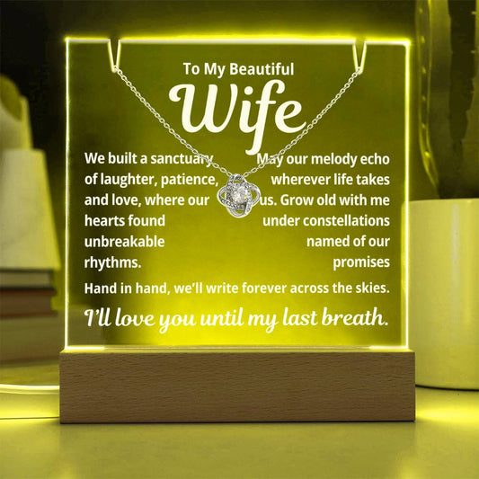 To My Beautiful Wife "We Built a Sanctuary.."  Lighted Acrylic Keepsake with Love Knot Necklace