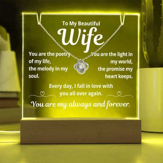 To My Beautiful Wife "You Are The Poetry Of My Life.." Lighted Acrylic Keepsake with Love Knot Necklace
