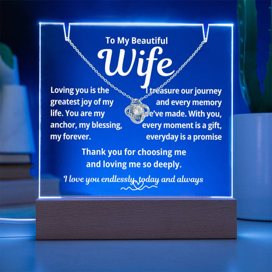 To My Beautiful Wife "Loving You is the Greatest Joy.." Lighted Acrylic Keepsake with Love Knot Necklace