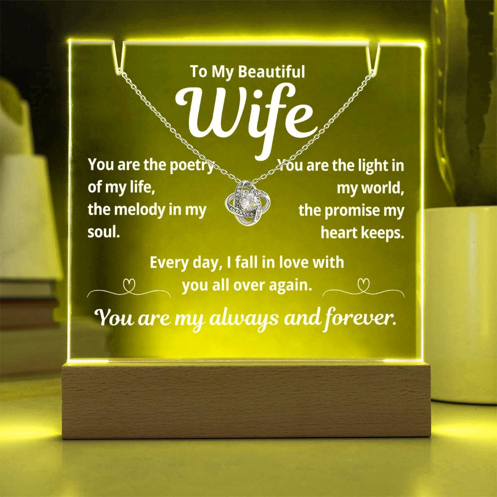 To My Beautiful Wife "You Are The Poetry Of My Life.." Lighted Acrylic Keepsake with Love Knot Necklace