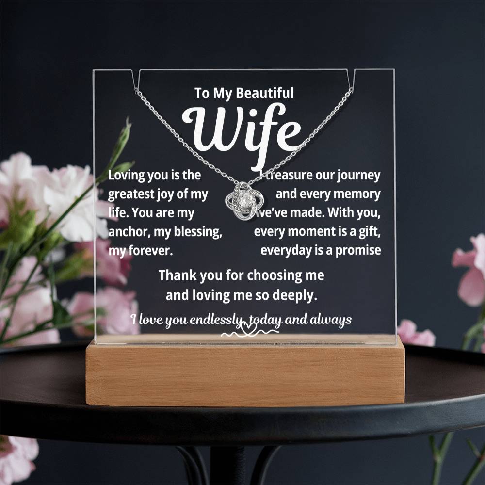 To My Beautiful Wife "Loving You is the Greatest Joy.." Lighted Acrylic Keepsake with Love Knot Necklace