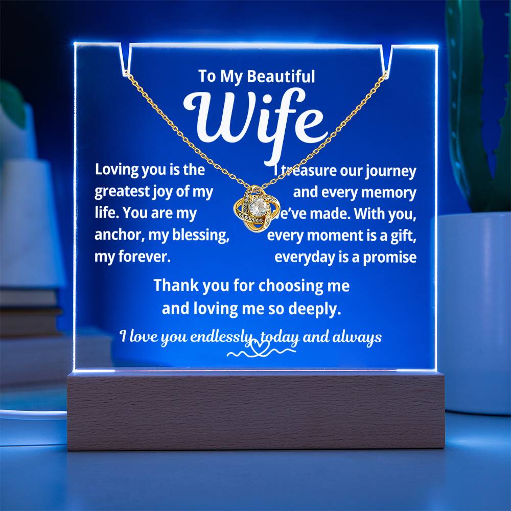 To My Beautiful Wife "Loving You is the Greatest Joy.." Lighted Acrylic Keepsake with Love Knot Necklace