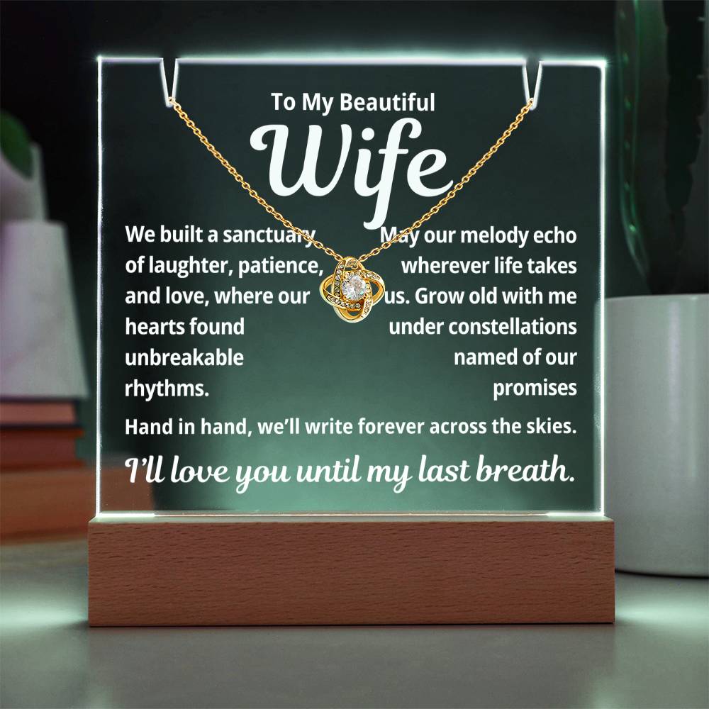 To My Beautiful Wife "We Built a Sanctuary.."  Lighted Acrylic Keepsake with Love Knot Necklace