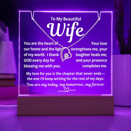To My Beautiful Wife "Your Are The Heart of Our Home.." Lighted Acrylic Keepsake with Forever Love Necklace