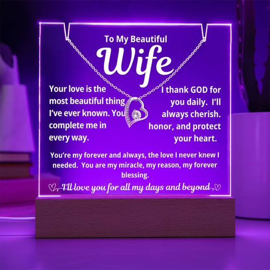 To My Beautiful Wife "Your Love is the Most Beautiful Thing.." Lighted Acrylic Keepsake with Forever Love Necklace