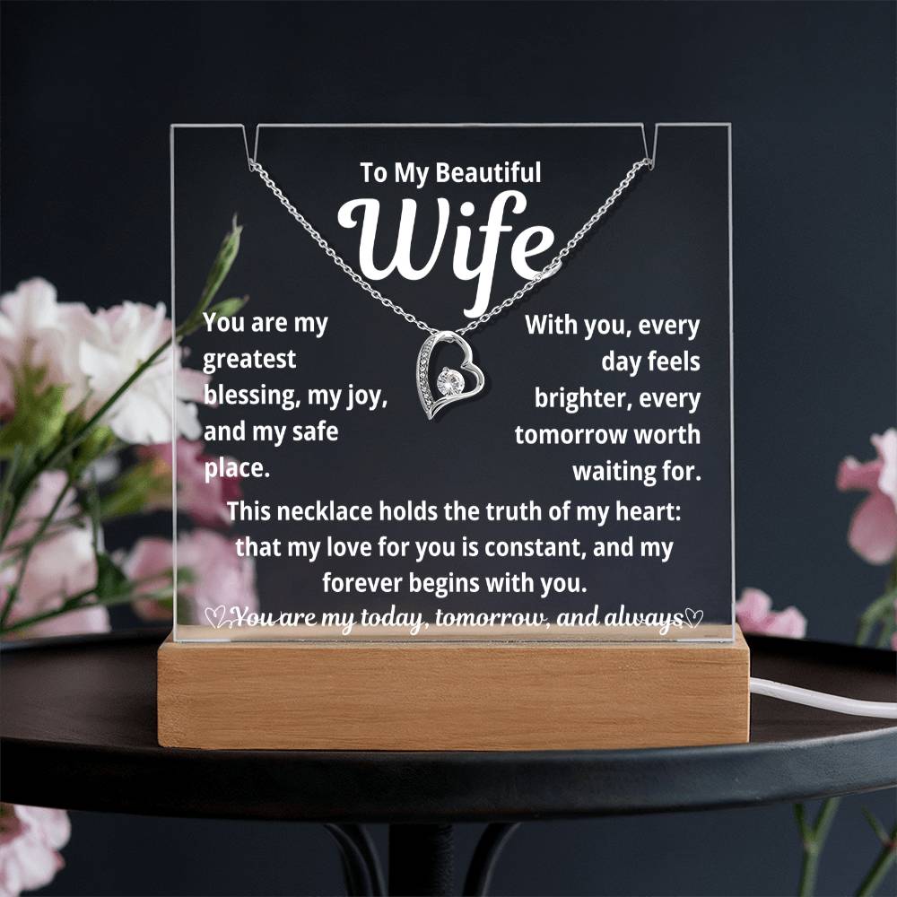 To My Beautiful Wife "You Are My Greatest Blessing.." Lighted Acrylic Keepsake with Forever Love Necklace