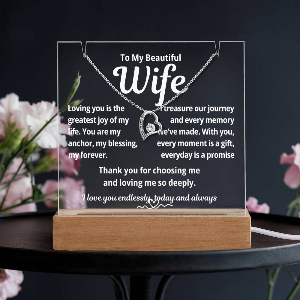 To My Beautiful Wife "Loving You Is The Greatest.." Lighted Acrylic Keepsake with Forever Love Necklace