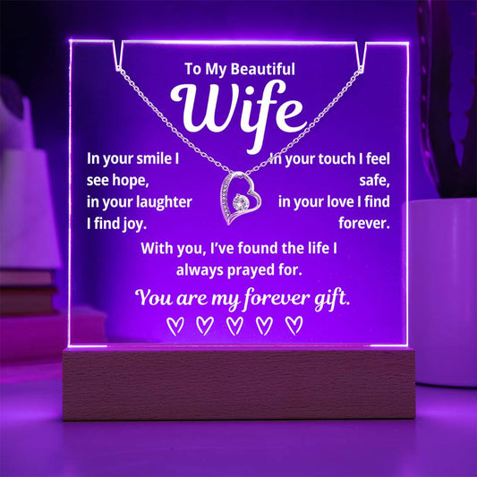 To My Beautiful Wife "In Your Smile I See Hope.." Lighted Acrylic Keepsake with Forever Love Necklace