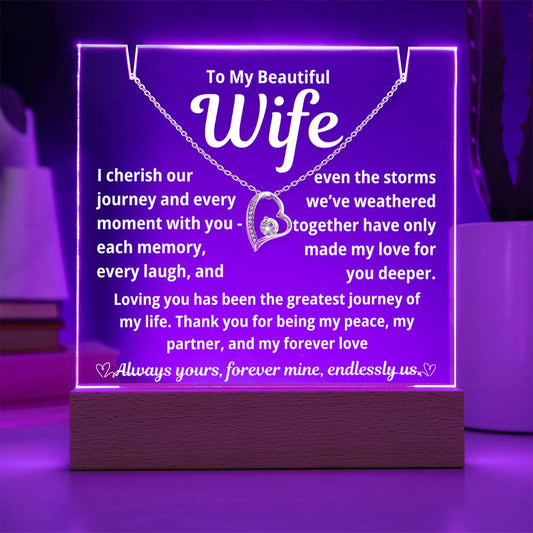 To My Beautiful Wife "I Cherish Our Journey.." Lighted Acrylic Keepsake with Forever Love Necklace
