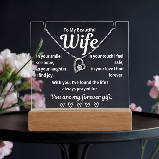 To My Beautiful Wife "In Your Smile I See Hope.." Lighted Acrylic Keepsake with Forever Love Necklace