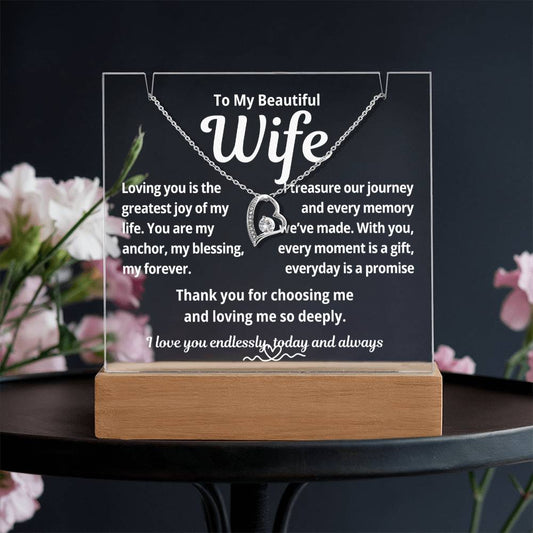 To My Beautiful Wife "Loving You Is The Greatest.." Lighted Acrylic Keepsake with Forever Love Necklace