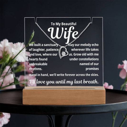 To My Beautiful Wife "We Built a Sanctuary.." Lighted Acrylic Keepsake with Forever Love Necklace