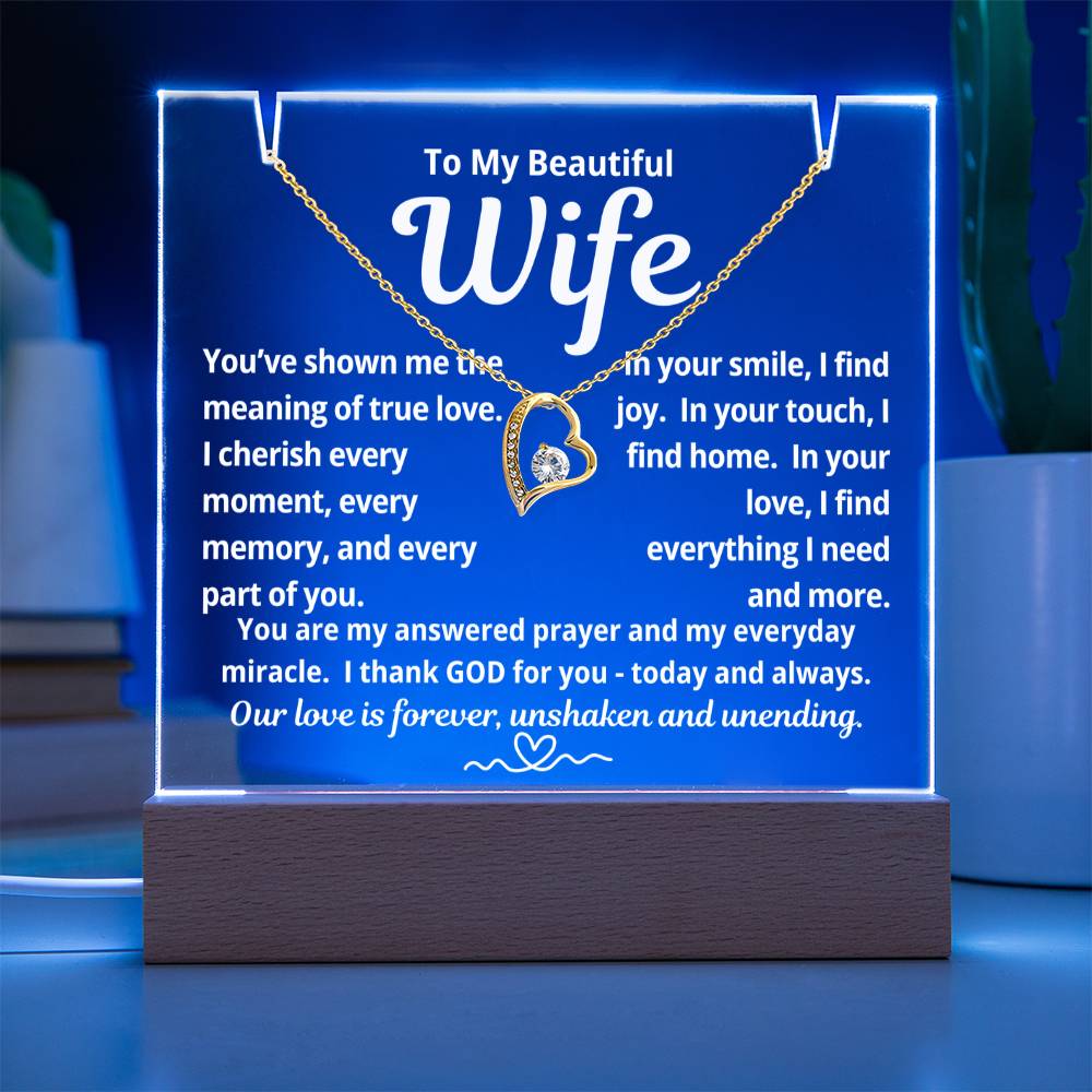 To My Beautiful Wife "You've Shown Me The Meaning of True Love.." Lighted Acrylic Keepsake with Forever Love Necklace