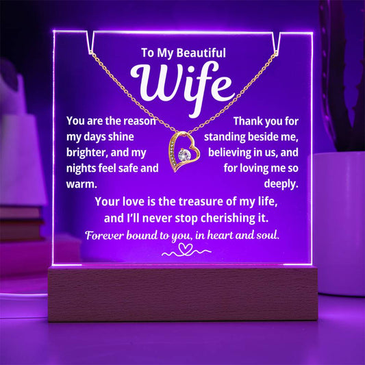 To My Beautiful Wife "You Are The Reason.." Lighted Acrylic Keepsake with Forever Love Necklace