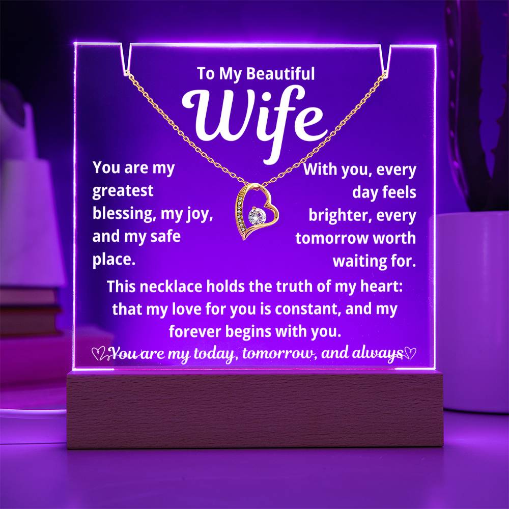 To My Beautiful Wife "You Are My Greatest Blessing.." Lighted Acrylic Keepsake with Forever Love Necklace