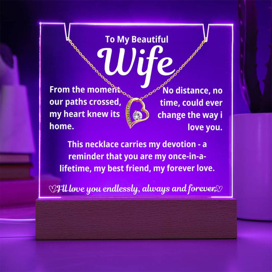 To My Beautiful Wife "From The Moment Our Paths Crossed.." Lighted Acrylic Keepsake with Forever Love Necklace