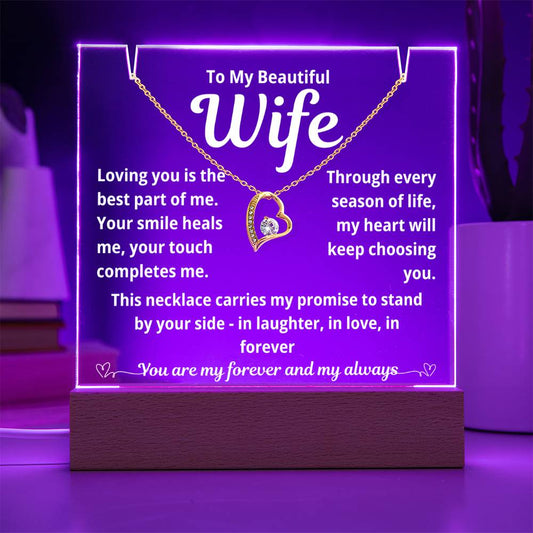 To My Beautiful Wife "Loving You is the Best Part.." Lighted Acrylic Keepsake with Forever Love Necklace