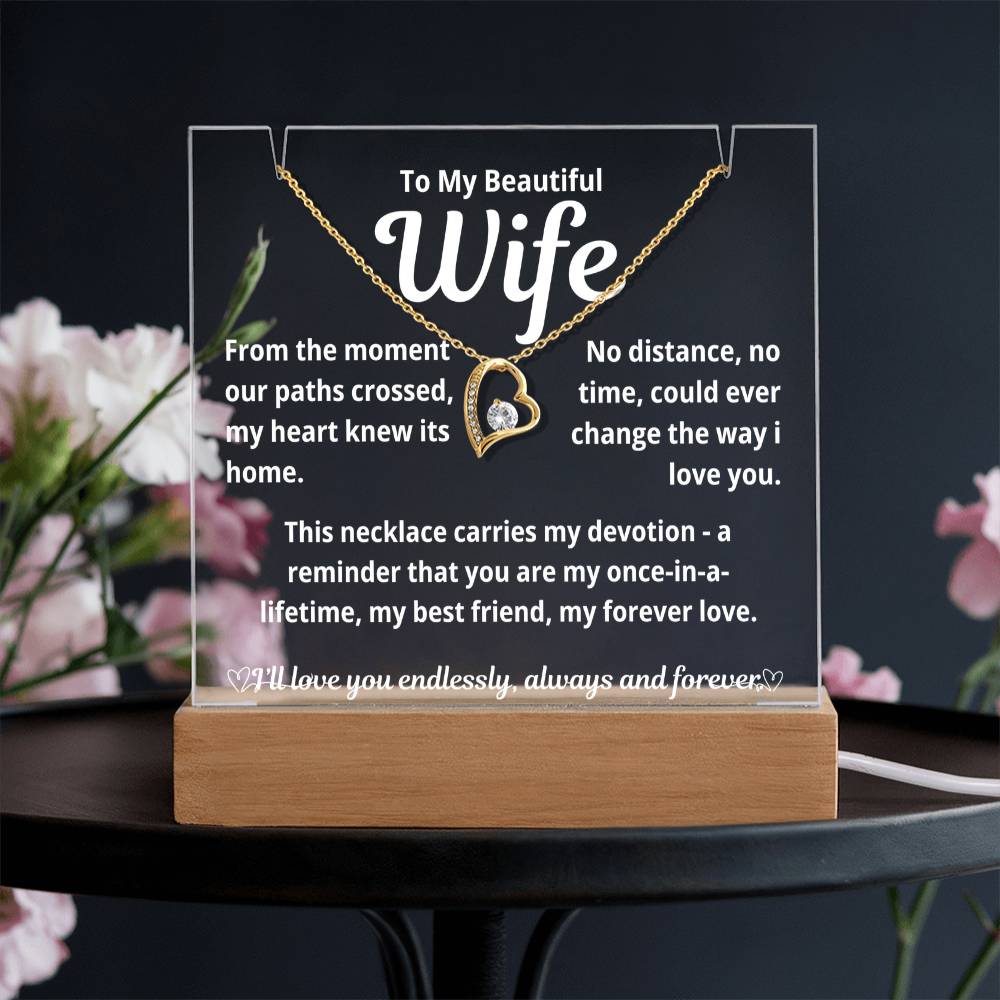 To My Beautiful Wife "From The Moment Our Paths Crossed.." Lighted Acrylic Keepsake with Forever Love Necklace