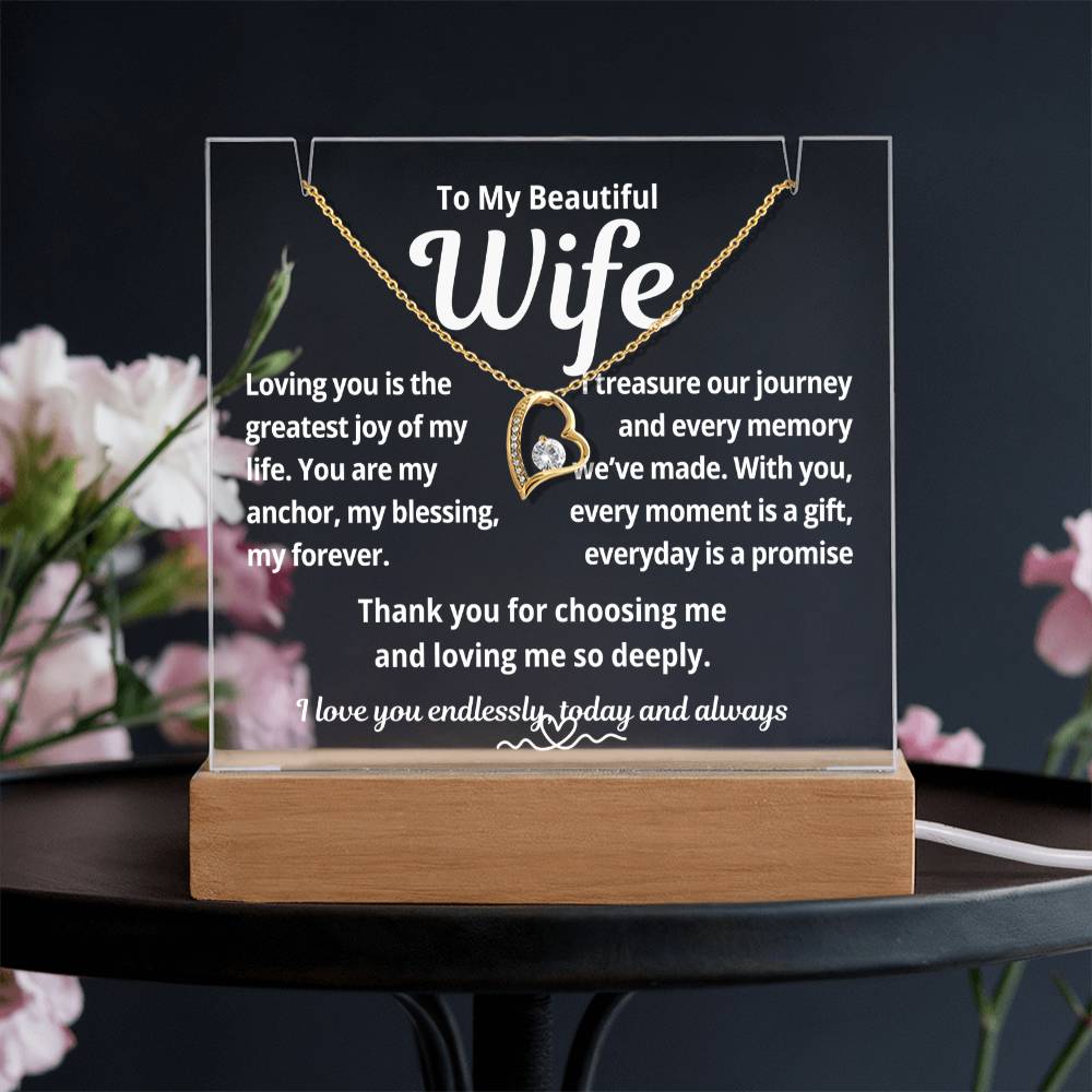 To My Beautiful Wife "Loving You Is The Greatest.." Lighted Acrylic Keepsake with Forever Love Necklace