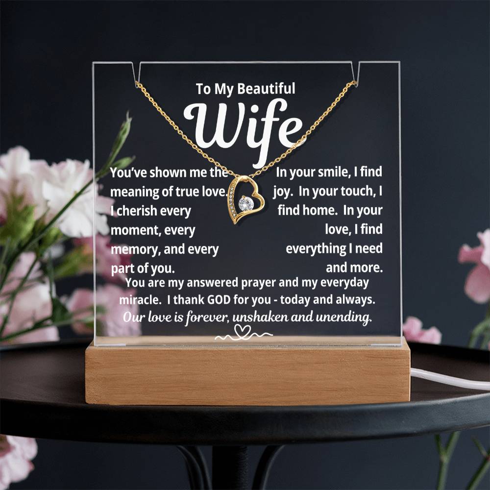 To My Beautiful Wife "You've Shown Me The Meaning of True Love.." Lighted Acrylic Keepsake with Forever Love Necklace