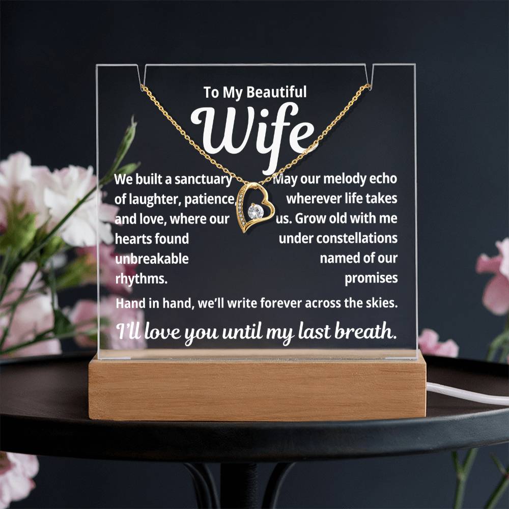 To My Beautiful Wife "We Built a Sanctuary.." Lighted Acrylic Keepsake with Forever Love Necklace