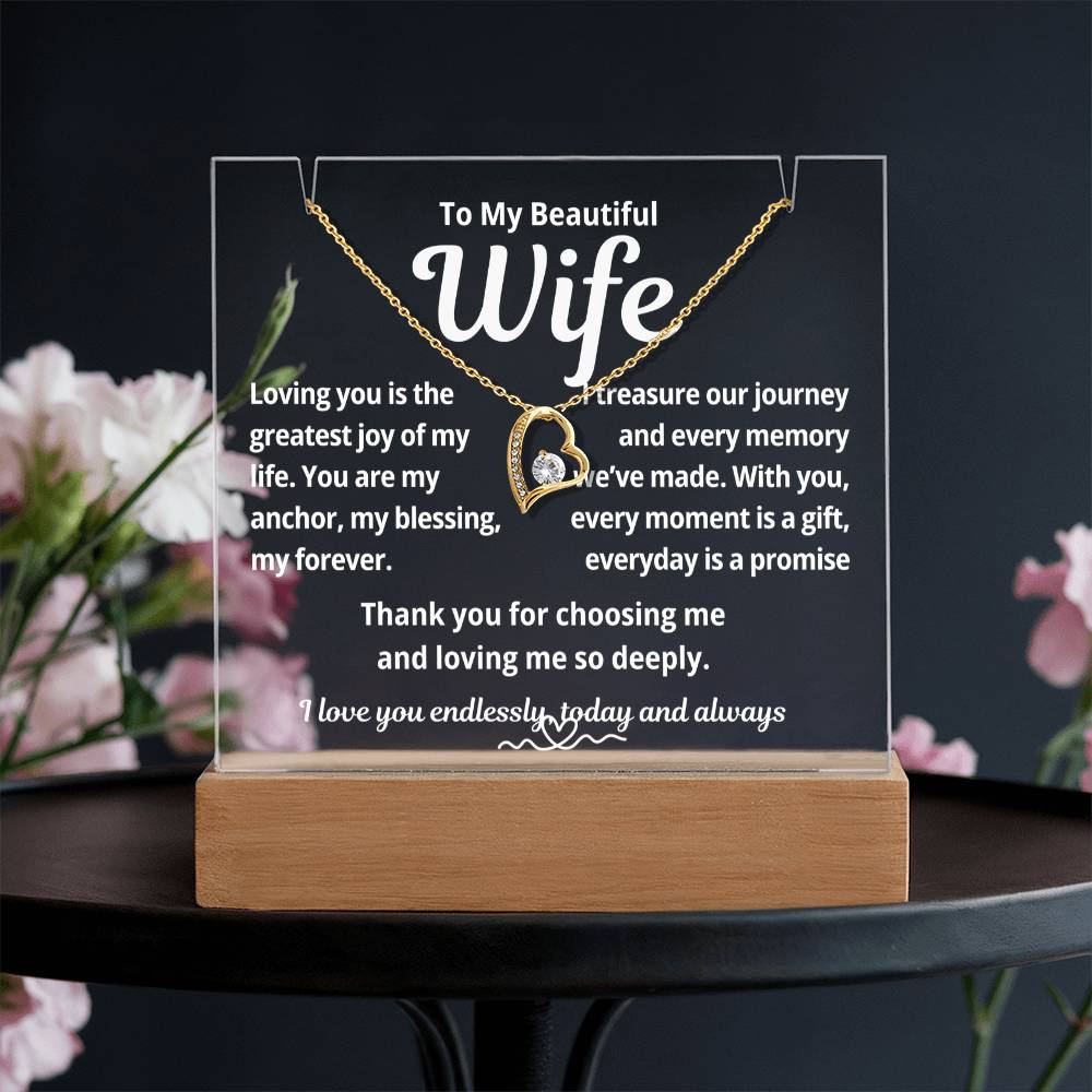 To My Beautiful Wife "Loving You Is The Greatest.." Lighted Acrylic Keepsake with Forever Love Necklace