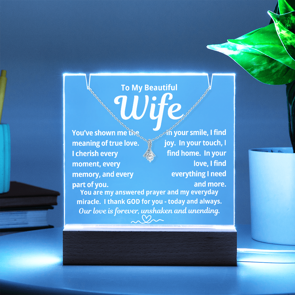 To My Beautiful Wife "You've Shown Me The Meaning of True Love.." Lighted Acrylic Keepsake with Alurring Beauty Necklace