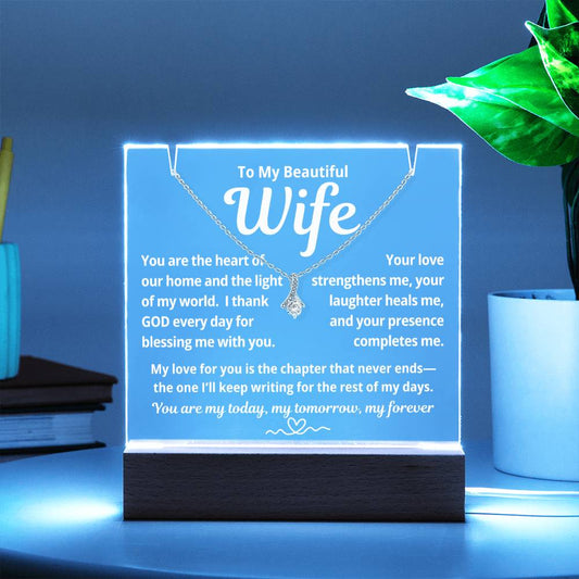To My Beautiful Wife "You Are The Heart of Our Home.." Lighted Acrylic Keepsake with Alurring Beauty Necklace